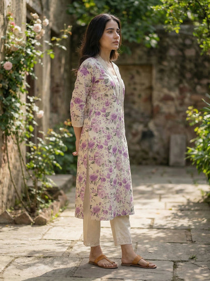 Pure Cotton Hazel Purple Floral Printed Kurta Set with Crochet Lace Detailing