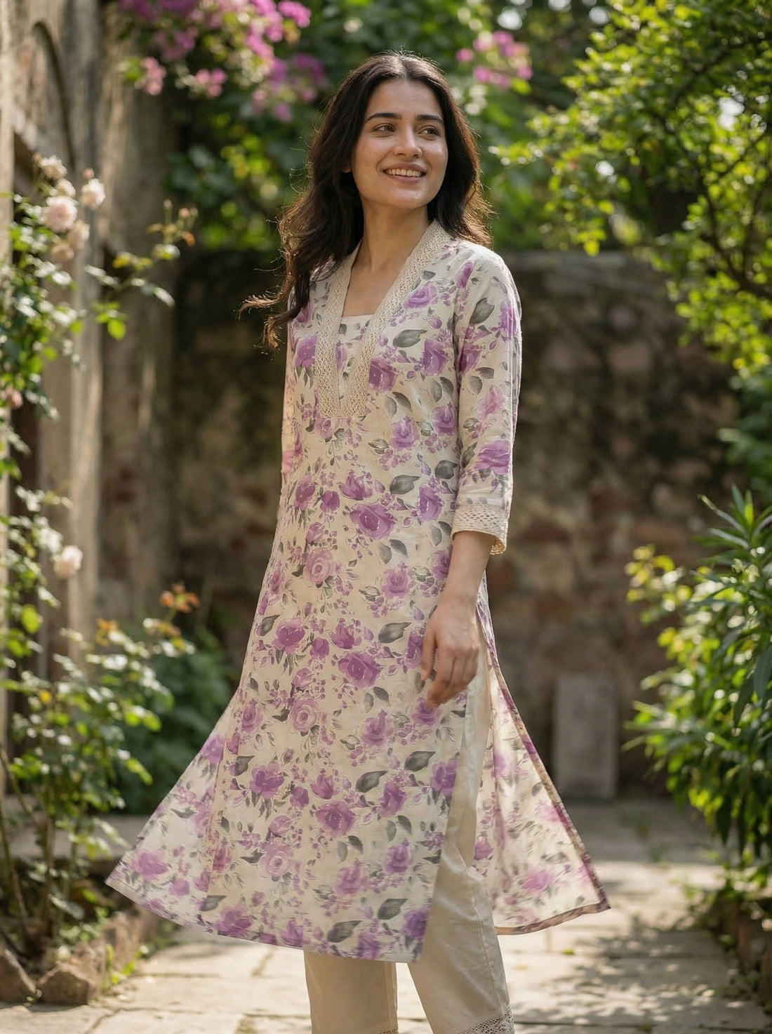 Pure Cotton Hazel Purple Floral Printed Kurta Set with Crochet Lace Detailing