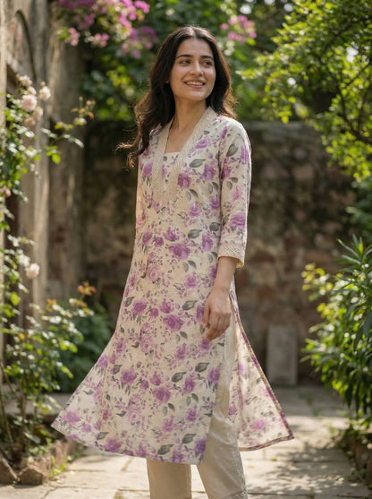 Pure Cotton Hazel Purple Floral Printed Kurta Set with Crochet Lace Detailing