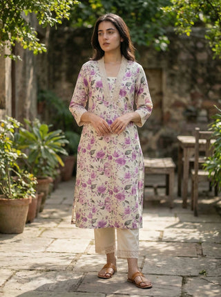 Pure Cotton Hazel Purple Floral Printed Kurta Set with Crochet Lace Detailing