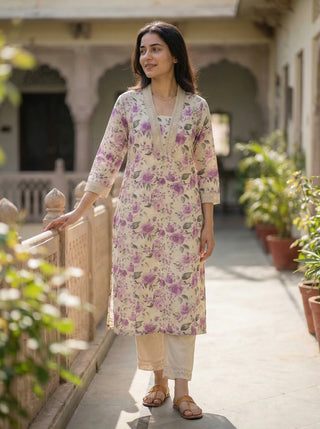 Pure Cotton Hazel Purple Floral Printed Kurta Set with Crochet Lace Detailing