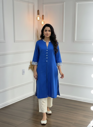 Hazel Blue Pure Cotton Kurta Set with Delicate White Floral Embroidered Neck and Sleeve