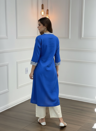 Hazel Blue Pure Cotton Kurta Set with Delicate White Floral Embroidered Neck and Sleeve