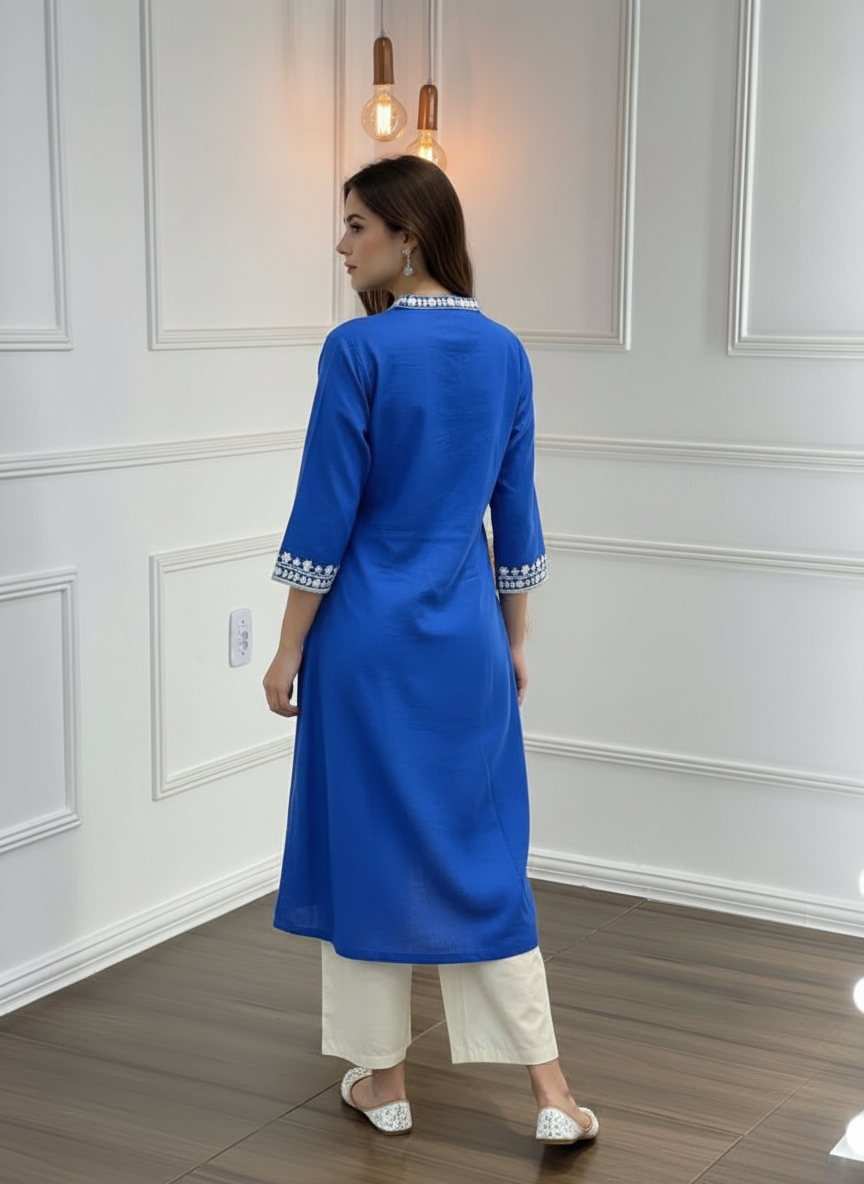 Hazel Blue Pure Cotton Kurta Set with Delicate White Floral Embroidered Neck and Sleeve