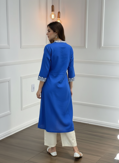Hazel Blue Pure Cotton Kurta Set with Delicate White Floral Embroidered Neck and Sleeve