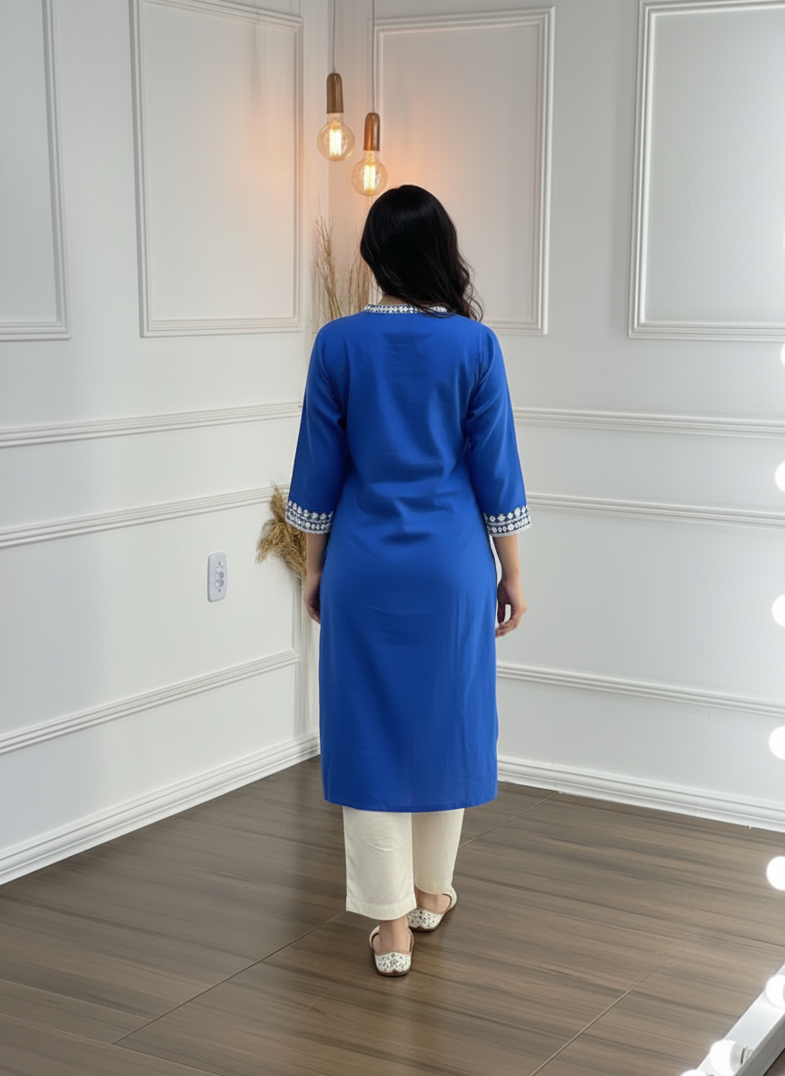 Hazel Blue Pure Cotton Kurta Set with Delicate White Floral Embroidered Neck and Sleeve