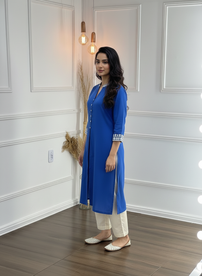 Hazel Blue Pure Cotton Kurta Set with Delicate White Floral Embroidered Neck and Sleeve