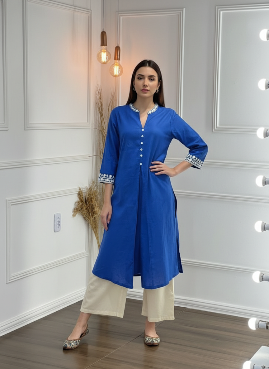 Hazel Blue Pure Cotton Kurta Set with Delicate White Floral Embroidered Neck and Sleeve