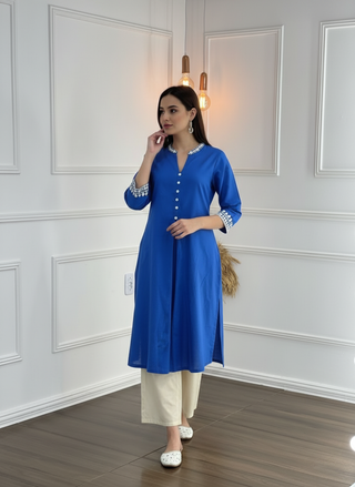 Hazel Blue Pure Cotton Kurta Set with Delicate White Floral Embroidered Neck and Sleeve
