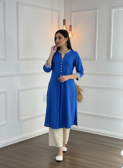 Hazel Blue Pure Cotton Kurta Set with Delicate White Floral Embroidered Neck and Sleeve