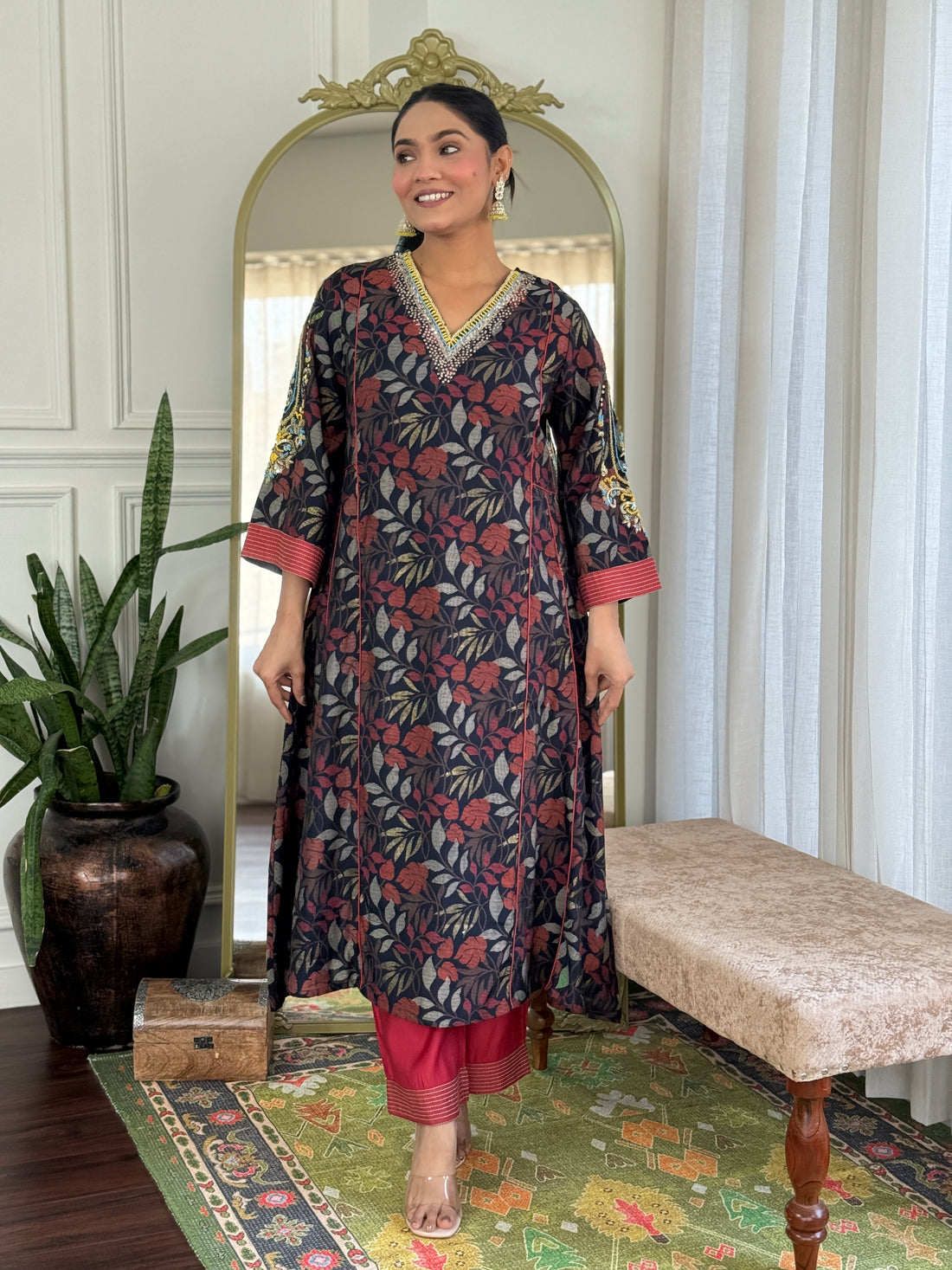 Rashmi Navy Multi-Color Hand Embroidered & Hand Embellished Suit Set with Zari, Dabka, Bead and Sequins Work in Chanderi Silk with Pure Cotton Mul Lining