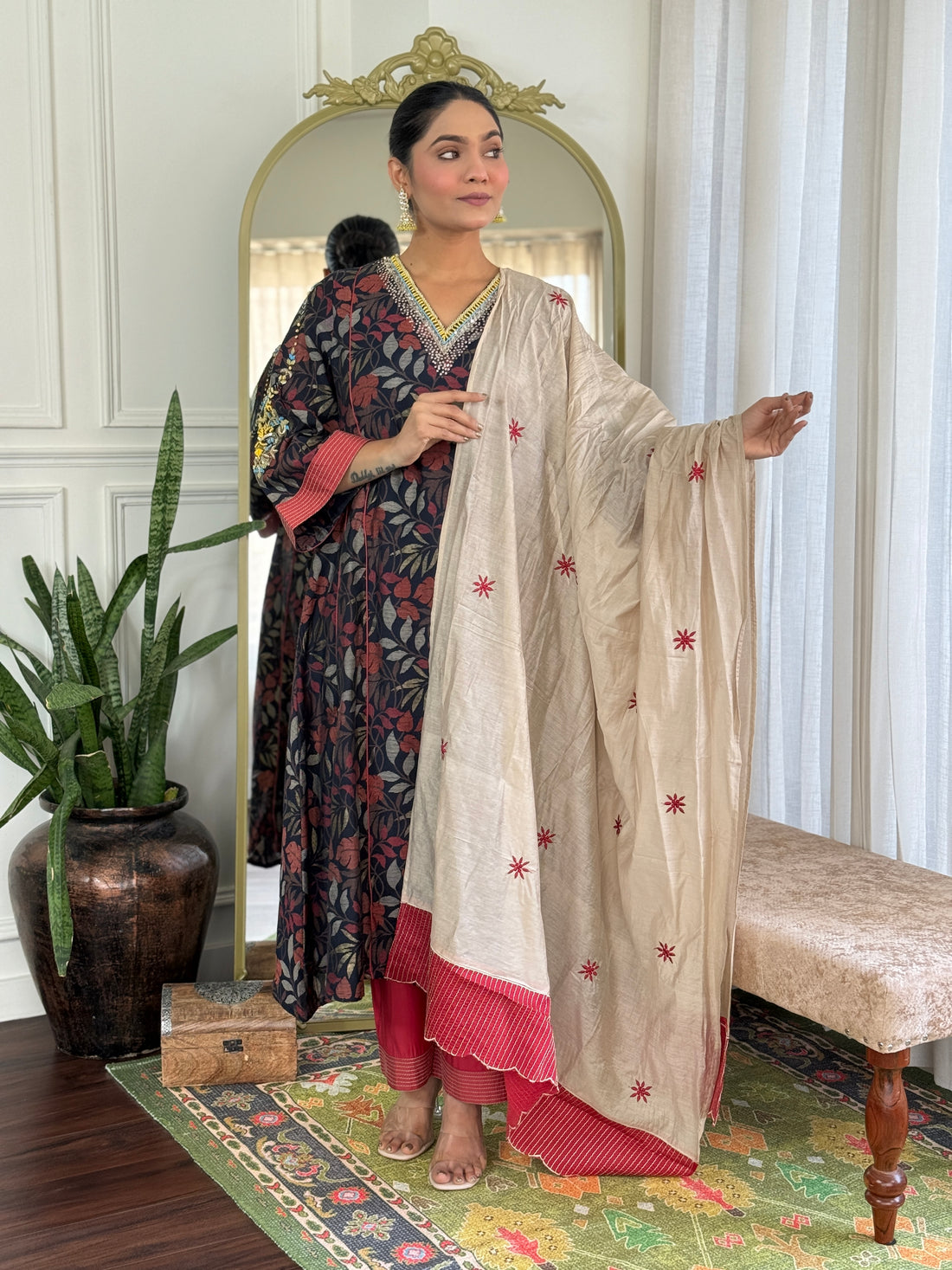 Rashmi Navy Multi-Color Hand Embroidered & Hand Embellished Suit Set with Zari, Dabka, Bead and Sequins Work in Chanderi Silk with Pure Cotton Mul Lining