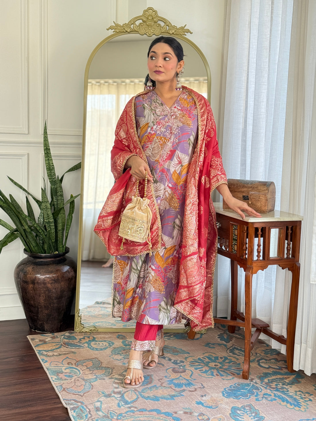 Shehnaaz Purple Floral Printed Hand Beaded and Sequins Embellished Suit Set with Zari Neck Detailing in Chanderi Silk with Pure Cotton Mul Lining
