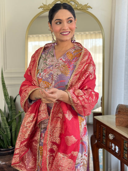 Shehnaaz Purple Floral Printed Hand Beaded and Sequins Embellished Suit Set with Zari Neck Detailing in Chanderi Silk with Pure Cotton Mul Lining