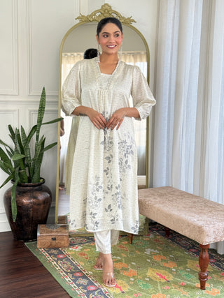 Reeva Off White Floral Printed Kurta Set with Glass Bugle, Pearl Hand Embellished Neckline in Satin Silk with Cotton Mul Lining