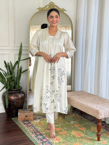 Reeva Off White Floral Printed Kurta Set with Glass Bugle, Pearl Hand Embellished Neckline in Satin Silk with Cotton Mul Lining