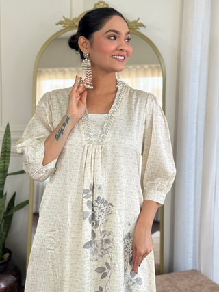 Reeva Off White Floral Printed Kurta Set with Glass Bugle, Pearl Hand Embellished Neckline in Satin Silk with Cotton Mul Lining