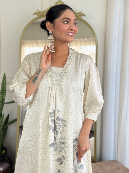Reeva Off White Floral Printed Kurta Set with Glass Bugle, Pearl Hand Embellished Neckline in Satin Silk with Cotton Mul Lining