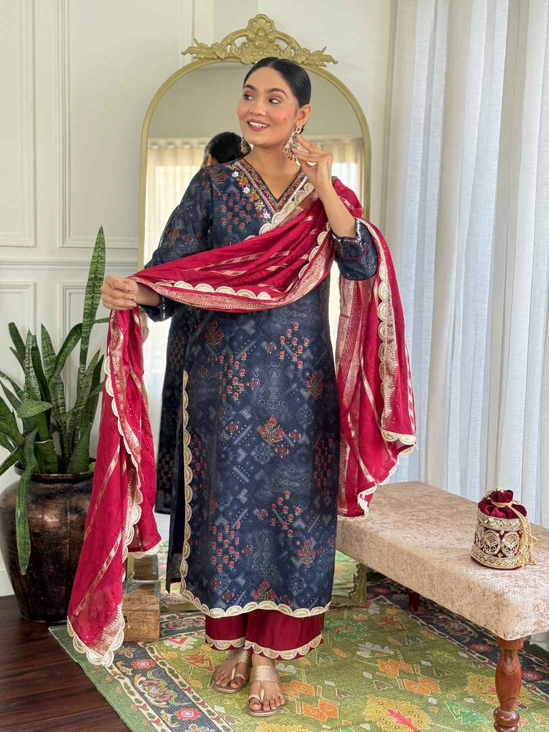 Shehnaaz Navy Hand Embroidered and Sequins Embellished Suit Set with Lace Border Detail in Chanderi Silk with Pure Cotton Mul Lining