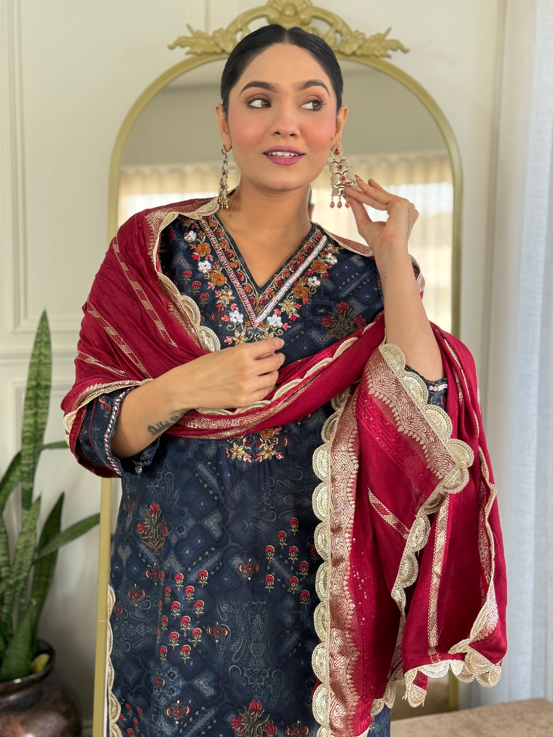 Shehnaaz Navy Hand Embroidered and Sequins Embellished Suit Set with Lace Border Detail in Chanderi Silk with Pure Cotton Mul Lining