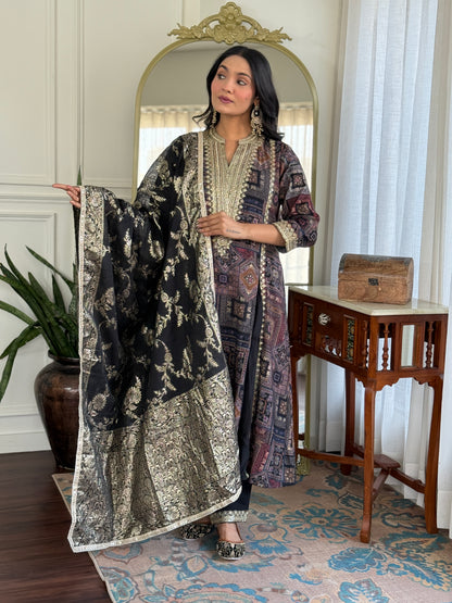 Rashmi Black Hand Thread & Sequins Embellished Suit Set with Zari Woven Jacquard Dupatta in Chanderi Silk with Pure Cotton Mul Lining