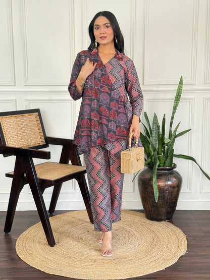 Atrangi Red Ajrakh Co-Ord Set with Hand-Embellished Black Bead & Sequin Pocket Detailing and Tassels in Chanderi Silk