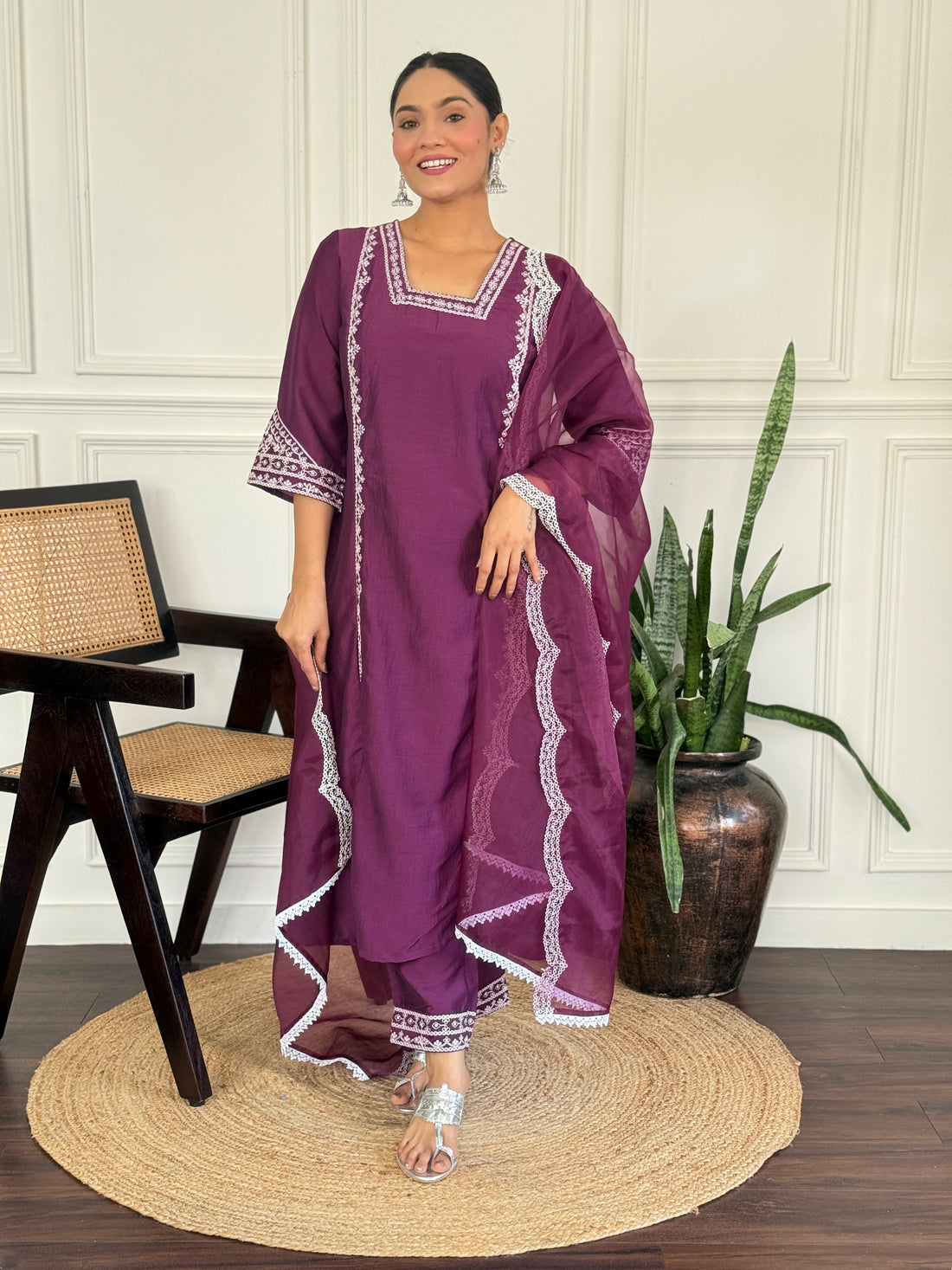 Kayra Wine Hand Aari Embroidered A-Line Suit Set in Chinnon Silk with Pure Cotton Mul Lining