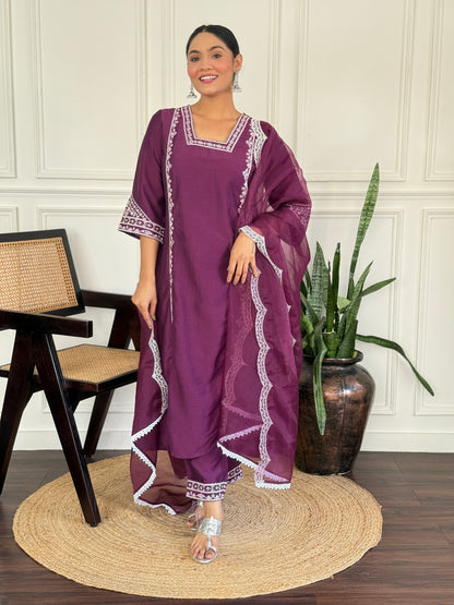 Kayra Wine Hand Aari Embroidered A-Line Suit Set in Chinnon Silk with Pure Cotton Mul Lining