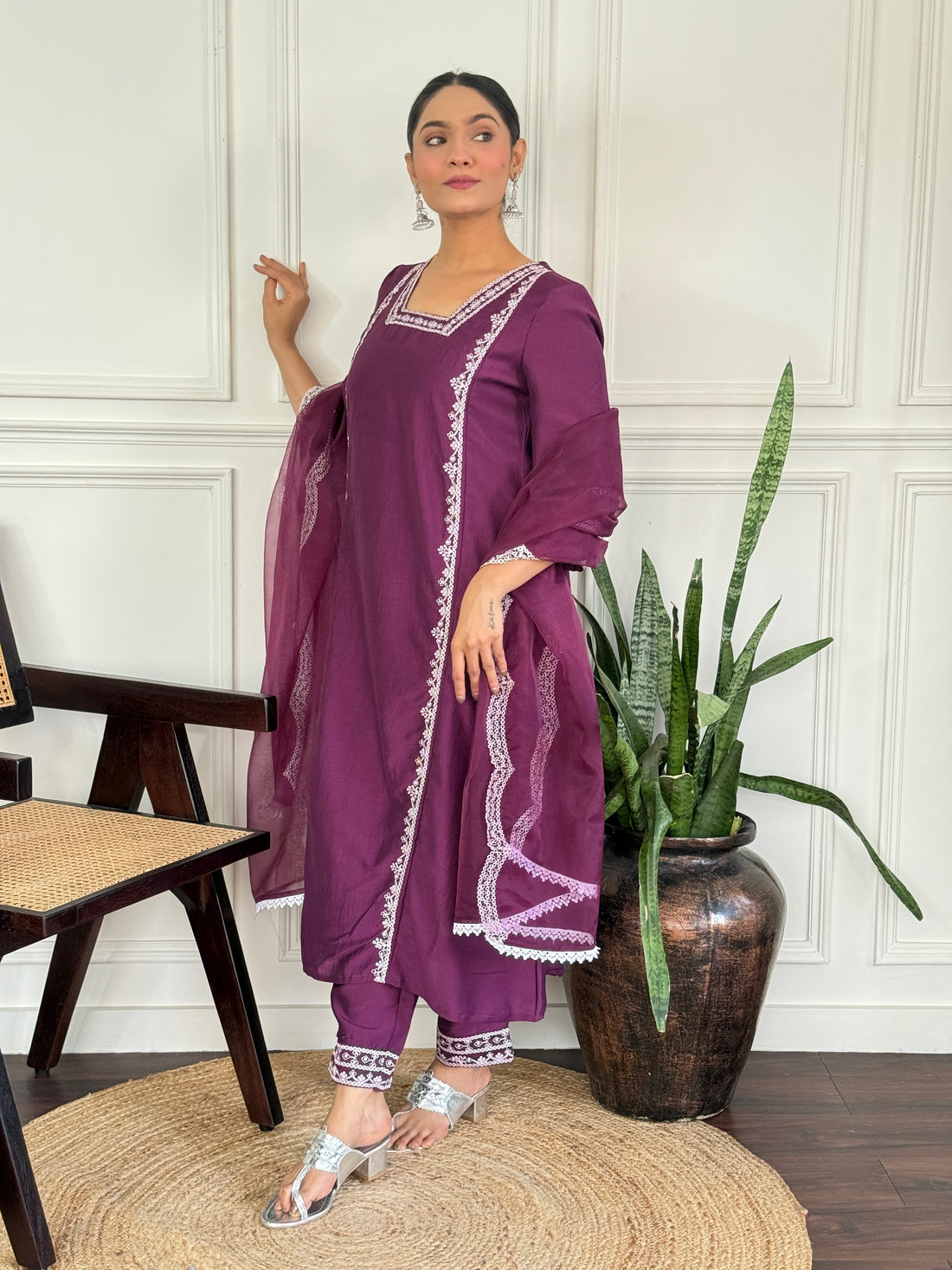 Kayra Wine Hand Aari Embroidered A-Line Suit Set in Chinnon Silk with Pure Cotton Mul Lining