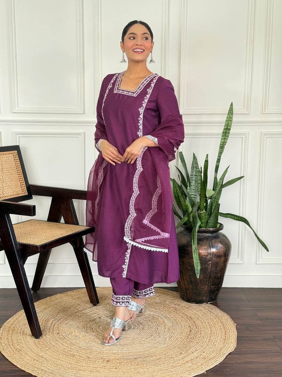 BulBul Women Kayra Wine Embroidered Premium Silk Suit Set With Dupatta