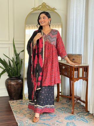 Kanishka Red Ajrakh Hand Mirror & Sequin Embellished Work Suit Set with Dupatta in Chanderi Silk