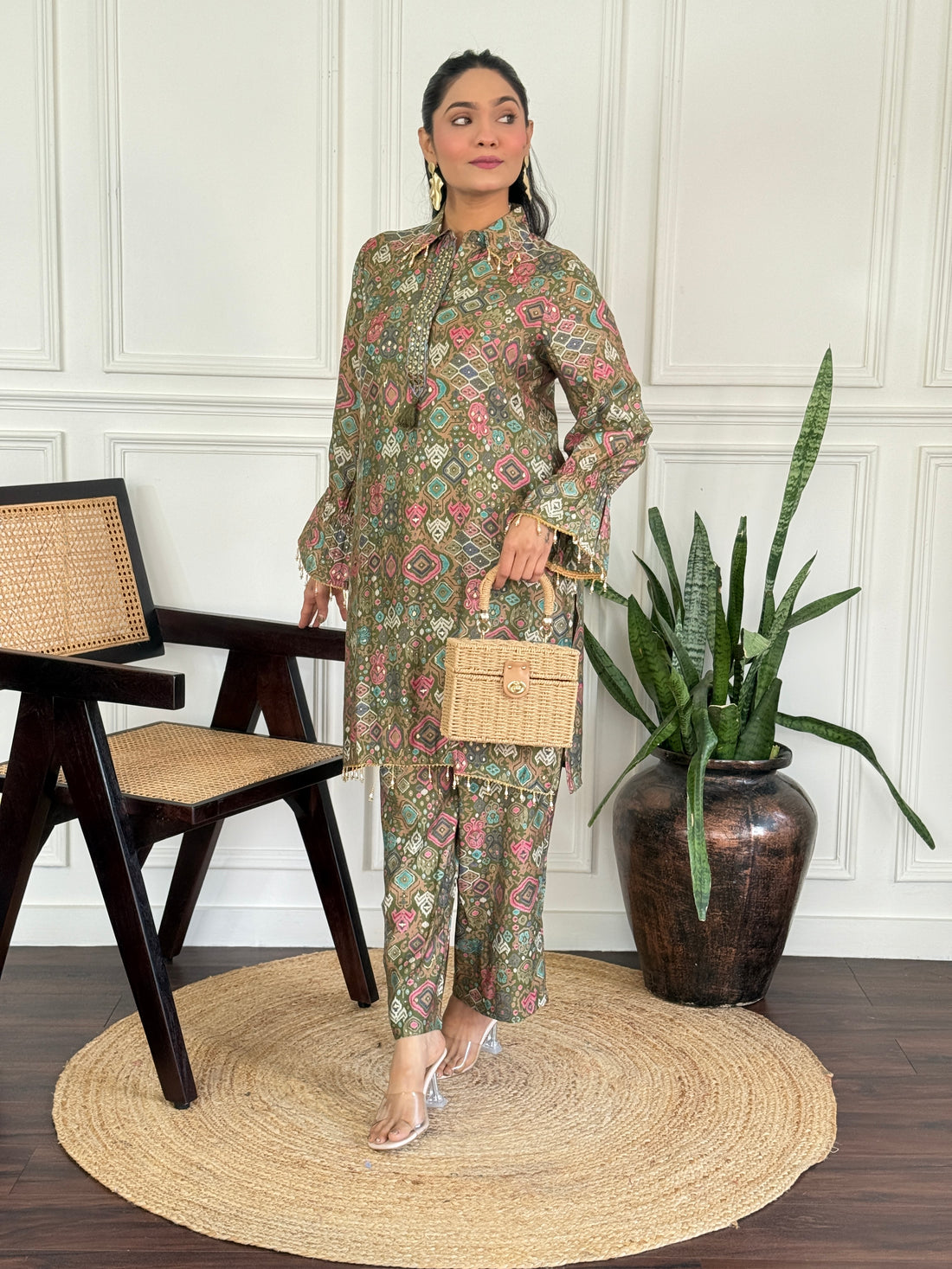 Pratiksha Olive Printed Modal Chanderi Co-Ord Set with Hand Embellished Mirror Placket and Pearl Drop Latkan Detailing