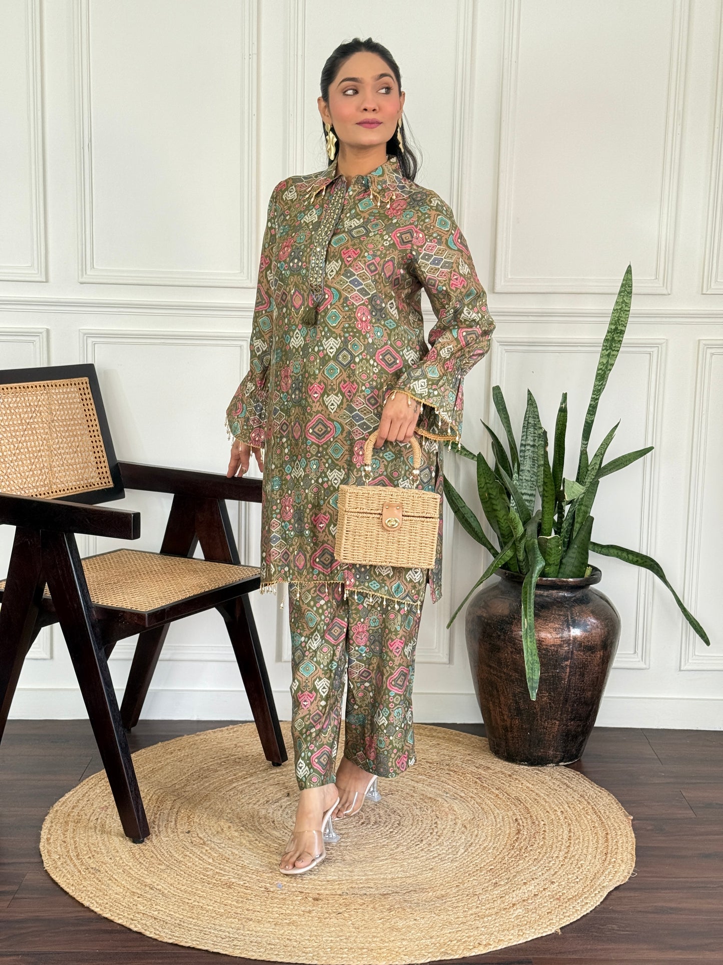 Pratiksha Modal Chanderi Printed Olive Co-Ord Set