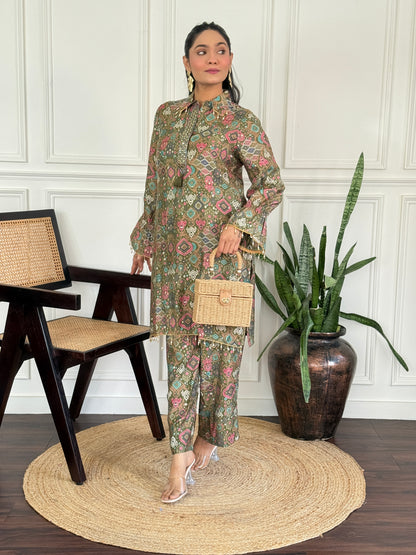 Pratiksha Olive Printed Modal Chanderi Co-Ord Set with Hand Embellished Mirror Placket and Pearl Drop Latkan Detailing