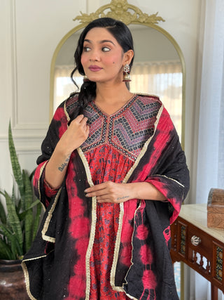 Kanishka Red Ajrakh Hand Mirror & Sequin Embellished Work Suit Set with Dupatta in Chanderi Silk