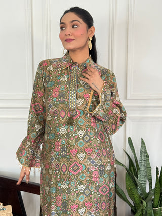 Pratiksha Olive Printed Modal Chanderi Co-Ord Set with Hand Embellished Mirror Placket and Pearl Drop Latkan Detailing