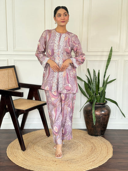 Modal Chanderi Saumya Muave Printed Co-Ord Set with Hand Beaded Placket and Sleeve Detailing
