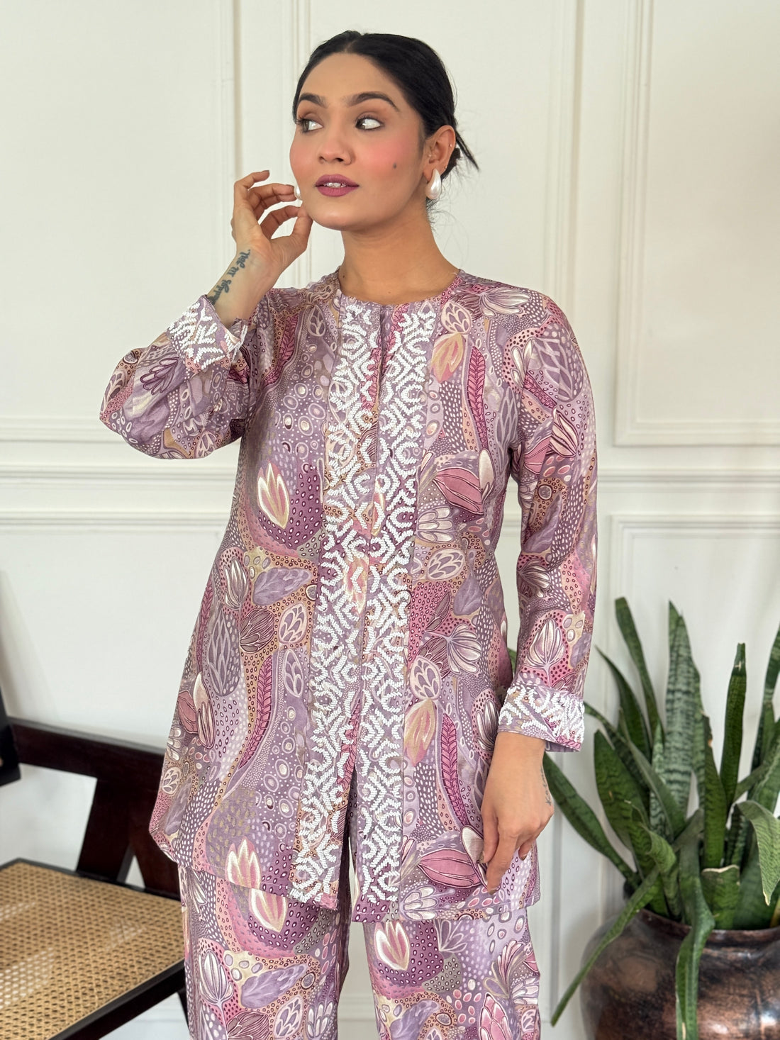 Modal Chanderi Saumya Muave Printed Co-Ord Set with Hand Beaded Placket and Sleeve Detailing
