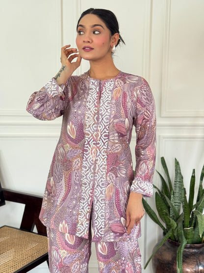 Modal Chanderi Saumya Muave Printed Co-Ord Set with Hand Beaded Placket and Sleeve Detailing