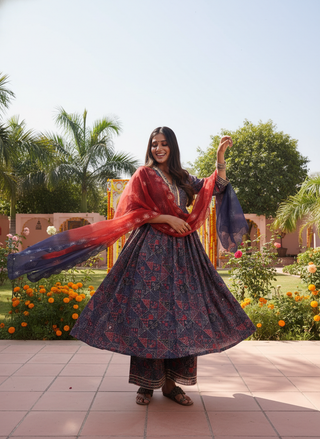 Inaya Blue Ajrakh Printed Kurta Set with Hand-Embellished Glass Bugle & Sequin Neckline and Mirror-Sequin Detailed Dupatta in Chanderi Silk