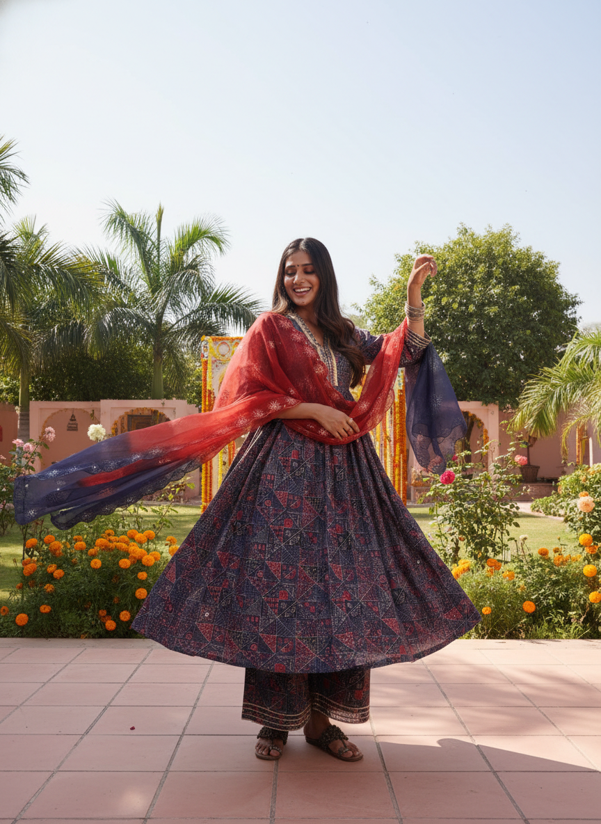 Inaya Blue Ajrakh Printed Kurta Set with Hand-Embellished Glass Bugle & Sequin Neckline and Mirror-Sequin Detailed Dupatta in Chanderi Silk