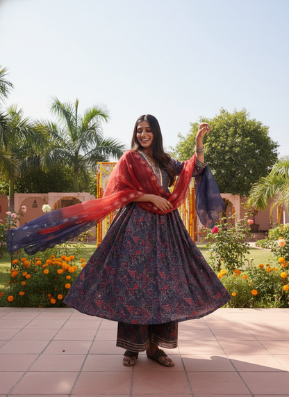 Inaya Blue Ajrakh Printed Kurta Set with Hand-Embellished Glass Bugle & Sequin Neckline and Mirror-Sequin Detailed Dupatta in Chanderi Silk