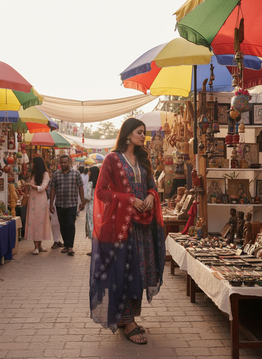Inaya Chanderi Blue Kurta Set with Dupatta