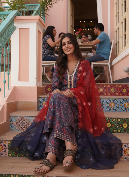 Inaya Blue Ajrakh Printed Kurta Set with Hand-Embellished Glass Bugle & Sequin Neckline and Mirror-Sequin Detailed Dupatta in Chanderi Silk
