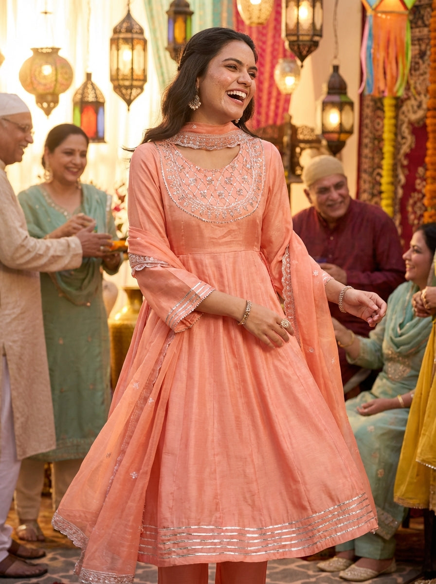 Indu Peach Handcrafted Zari Thread, Sequin & Glass Bugle Embellished Suit Set with Detailed Neckline and Dupatta in Pure Muslin with Pure Cotton Mul Lining