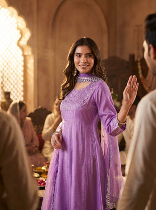 Indu Purple Handcrafted Zari Thread, Sequin & Glass Bugle Embellished Suit Set with Detailed Neckline and Dupatta in Pure Muslin with Pure Cotton Mul Lining