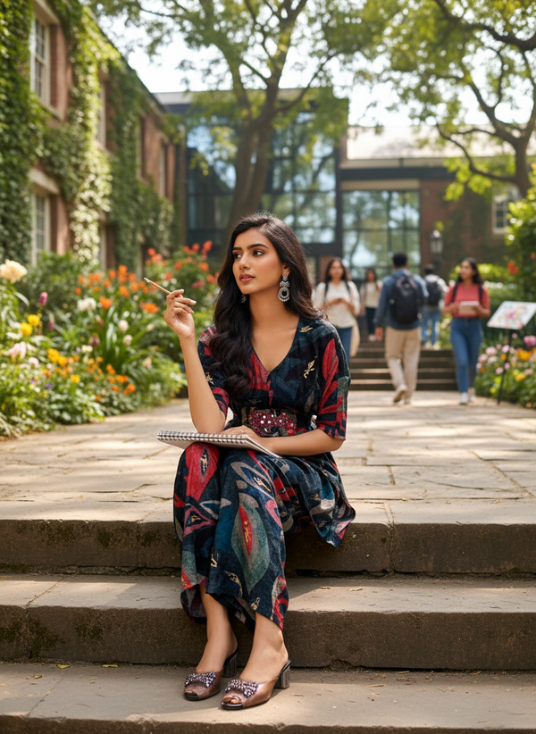 Kalki Blue Modal Chanderi Co-Ord Set with Hand Embellished Mirror and Bugle Bead Detailing