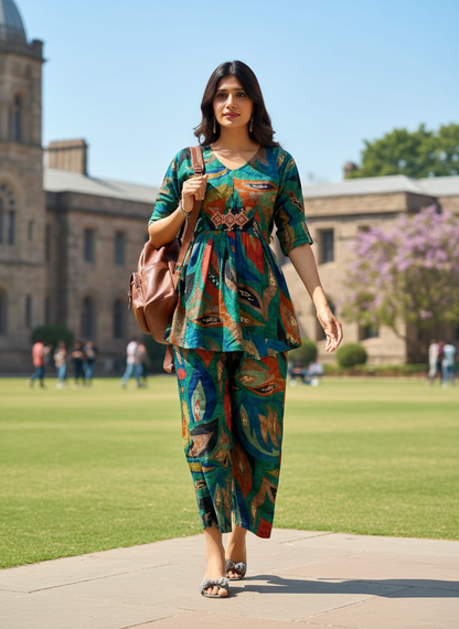 Kalki Green Modal Chanderi Co-Ord Set with Hand Embellished Mirror and Bugle Bead Detailing