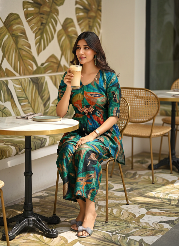 Kalki Green Modal Chanderi Co-Ord Set with Hand Embellished Mirror and Bugle Bead Detailing