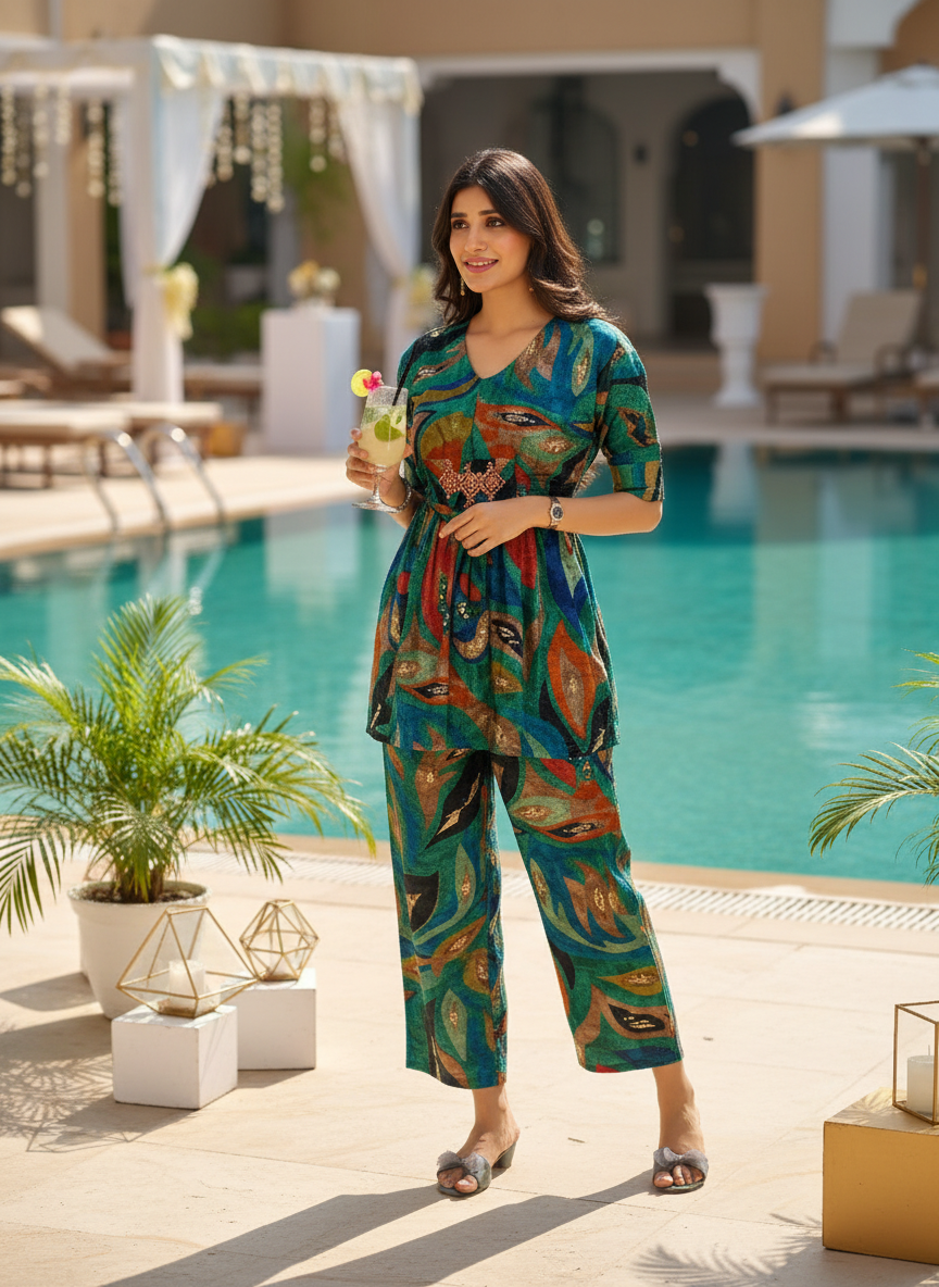 Kalki Green Modal Chanderi Co-Ord Set with Hand Embellished Mirror and Bugle Bead Detailing